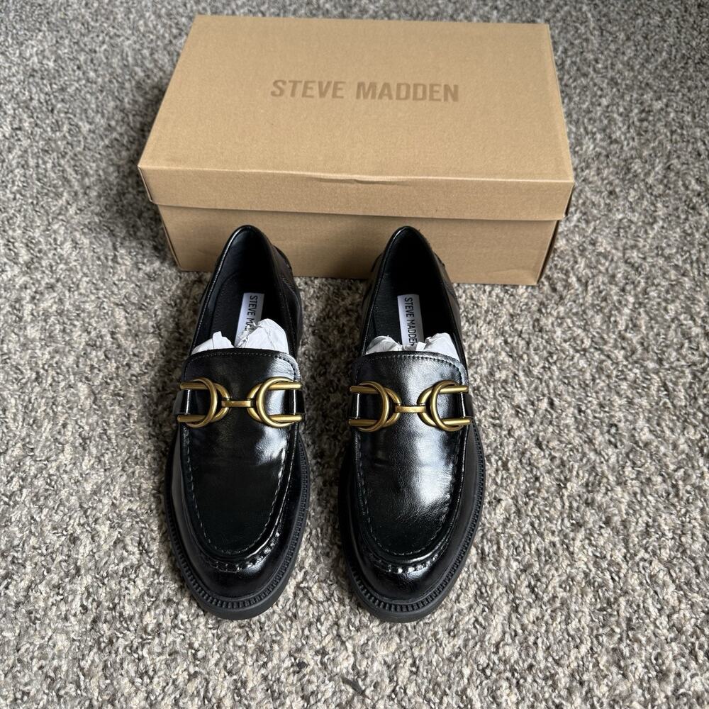 Steve Madden Sheyla Loafers 8.5 M Black Goldtone Horse Bit Slip On Shoes Preppy